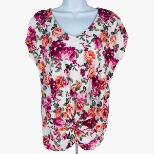 Bobbie Brooks Top Women Size M White w Pink Orange Red Floral Twisted Front Lace